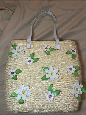 Floral Straw Tote Bag with White Handles